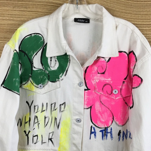 Aikha Handmade Graffiti Hand Painted Denim Jeans Jacket in White Size M/L - Picture 8 of 16